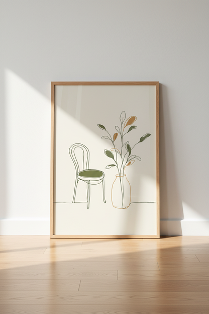 Minimalist Botanical Chair Line Art | Sage Green Decor | Modern Boho Poster