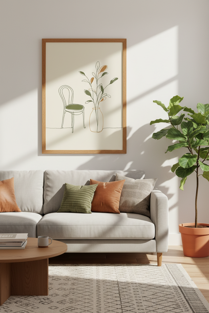 Minimalist Botanical Chair Line Art | Sage Green Decor | Modern Boho Poster