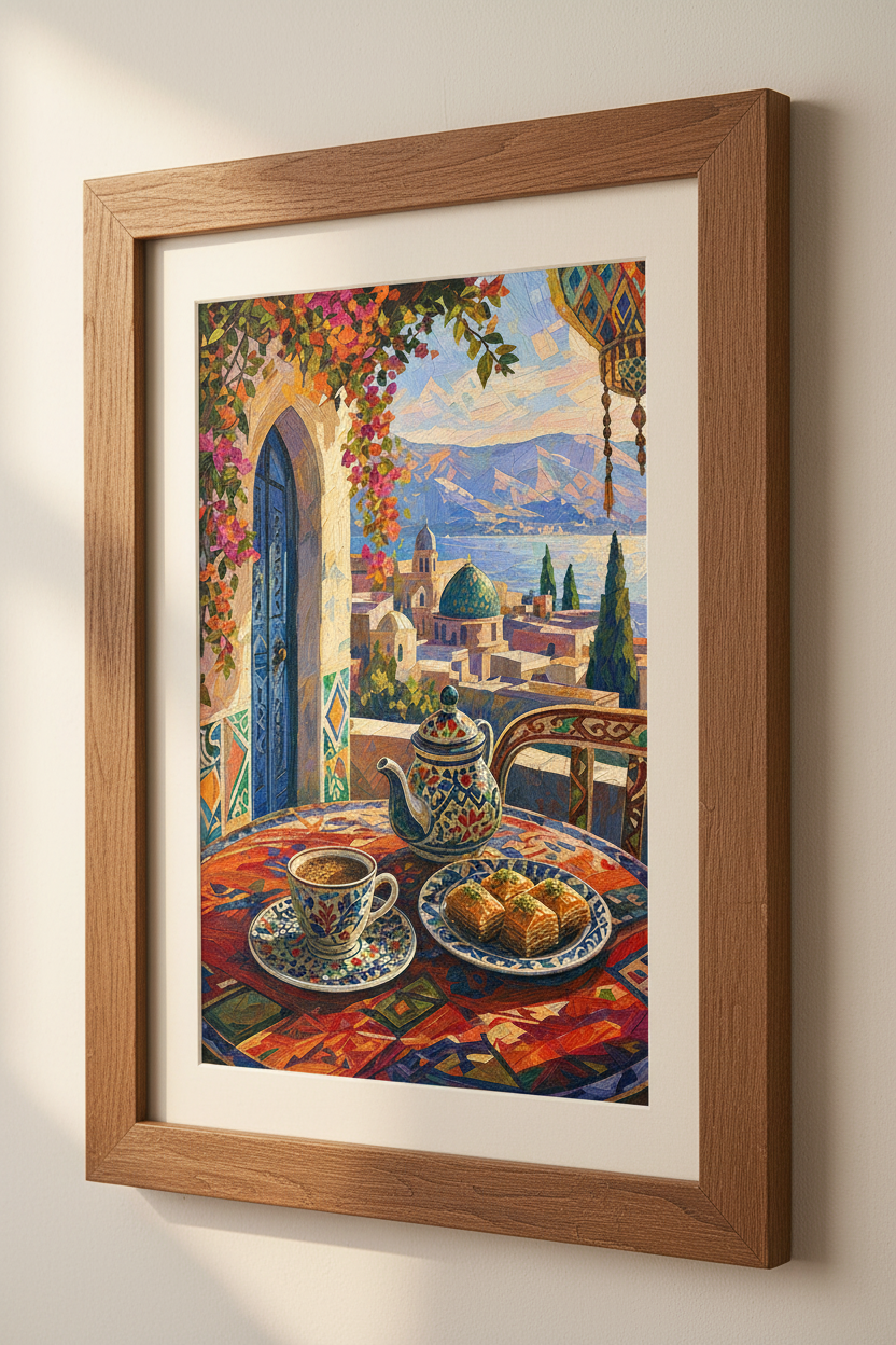 Mediterranean Terrace Wall Art | Turkish Coffee &amp; Coastal Decor | Baklava Poster
