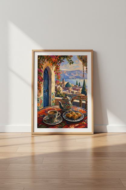 Mediterranean Terrace Wall Art | Turkish Coffee &amp; Coastal Decor | Baklava Poster