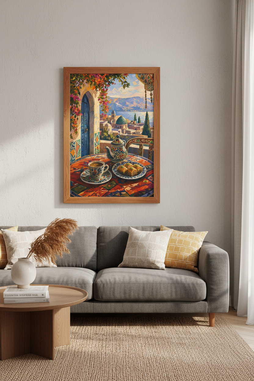 Mediterranean Terrace Wall Art | Turkish Coffee &amp; Coastal Decor | Baklava Poster