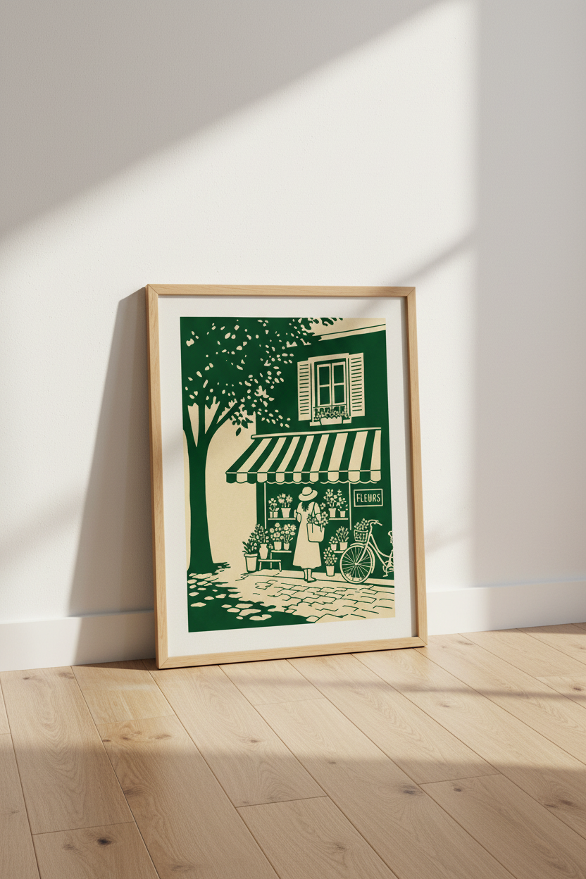 French Flower Shop Print | Green &amp; Cream Minimalist Poster, Paris Street Decor