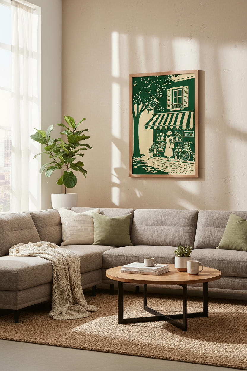 French Flower Shop Print | Green &amp; Cream Minimalist Poster, Paris Street Decor