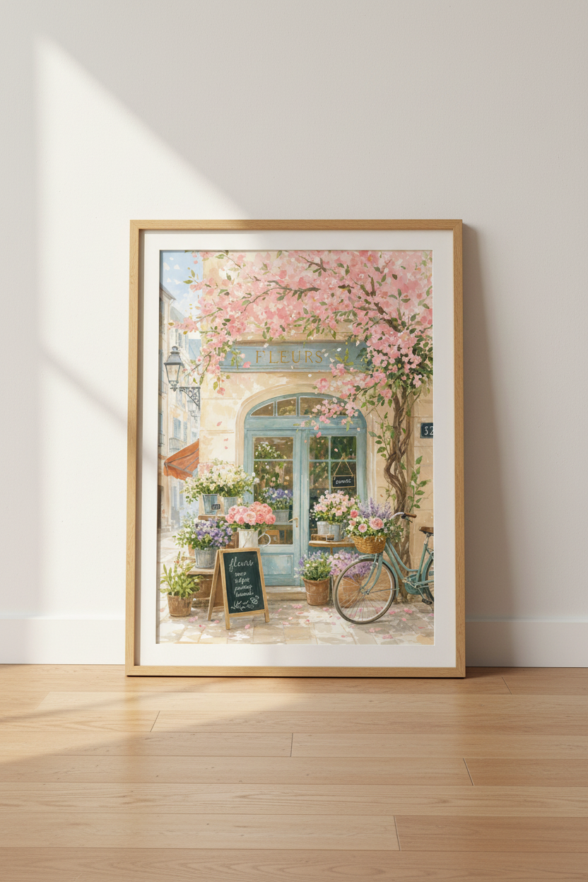 French Flower Shop | Pink Floral Watercolor, Paris Cafe Style Nursery Living Room Decor