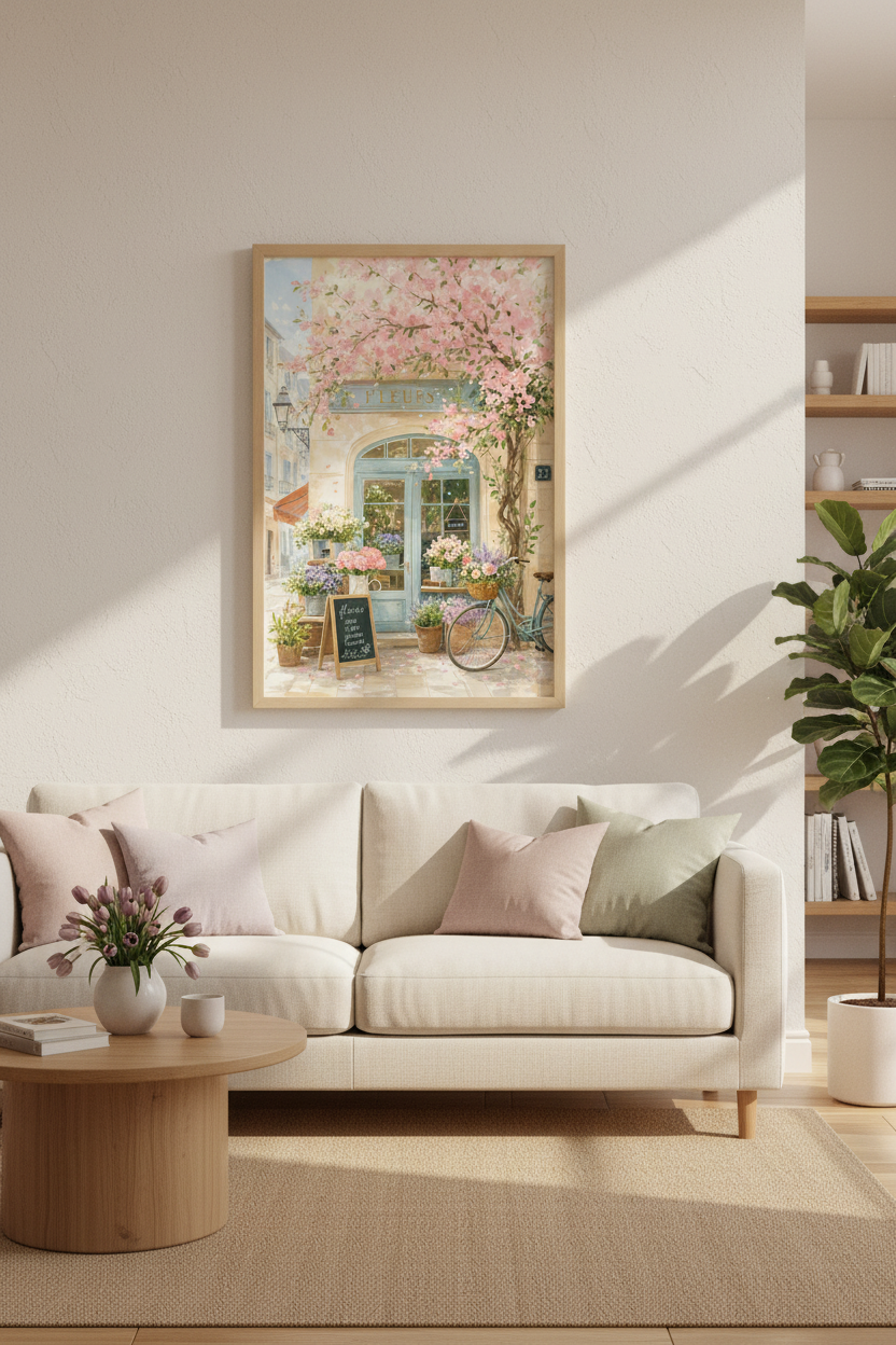 French Flower Shop | Pink Floral Watercolor, Paris Cafe Style Nursery Living Room Decor