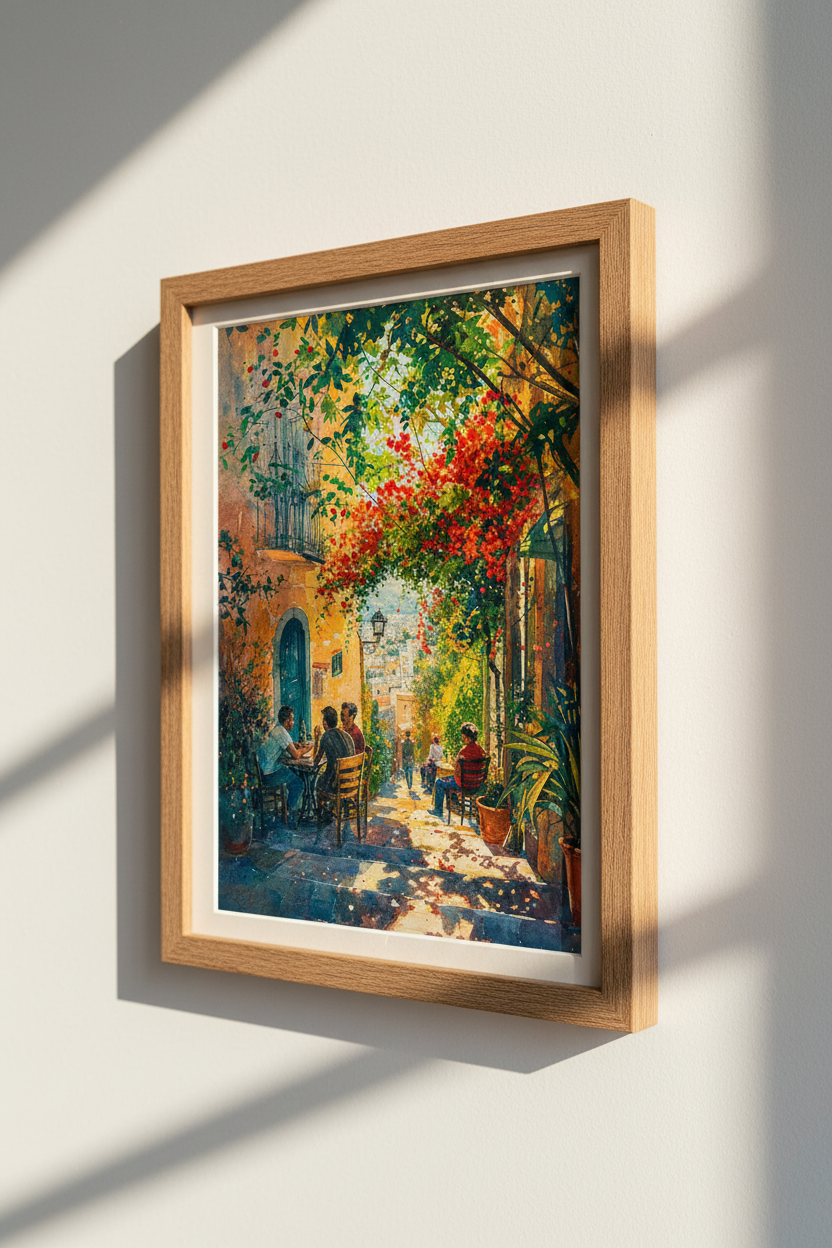 Mediterranean Cafe Watercolor Print | Vibrant European Street Art, Kitchen Wall Decor