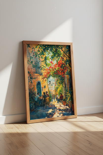Mediterranean Cafe Watercolor Print | Vibrant European Street Art, Kitchen Wall Decor