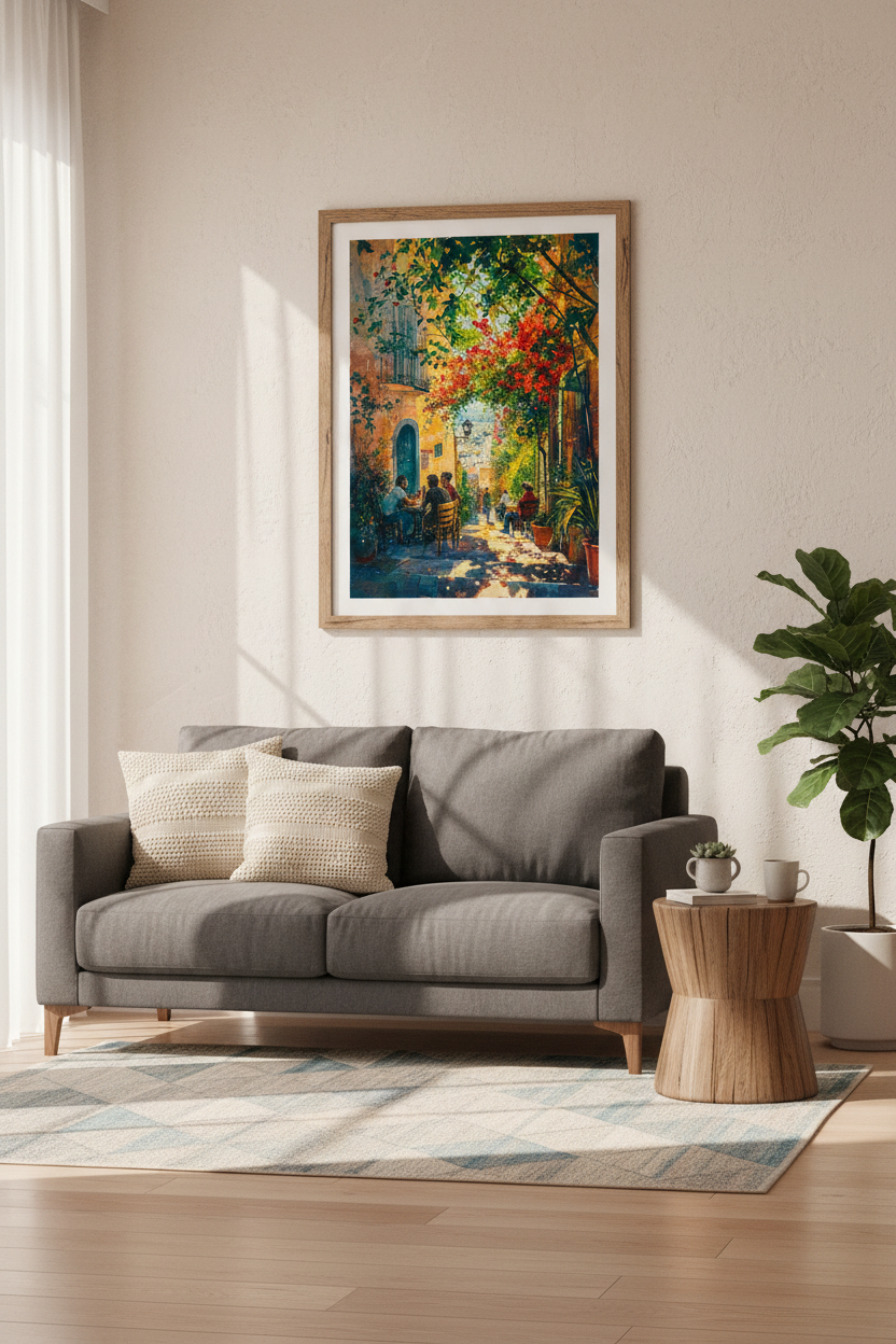 Mediterranean Cafe Watercolor Print | Vibrant European Street Art, Kitchen Wall Decor