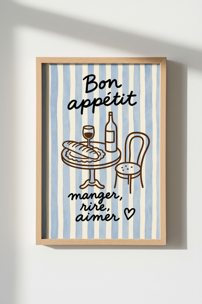 Bon appetit wall art | Whimsical line drawing, blue stripes, Dining room decor