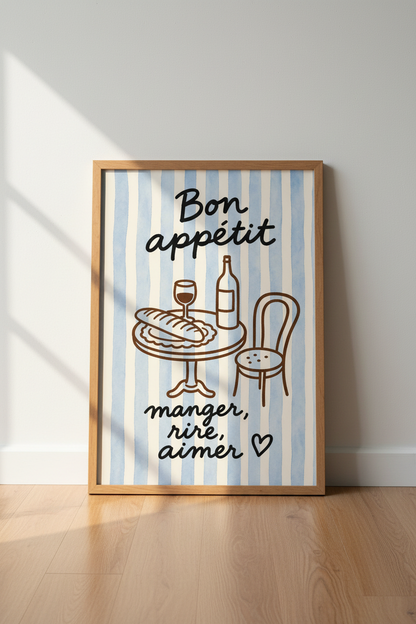 Bon appetit wall art | Whimsical line drawing, blue stripes, Dining room decor