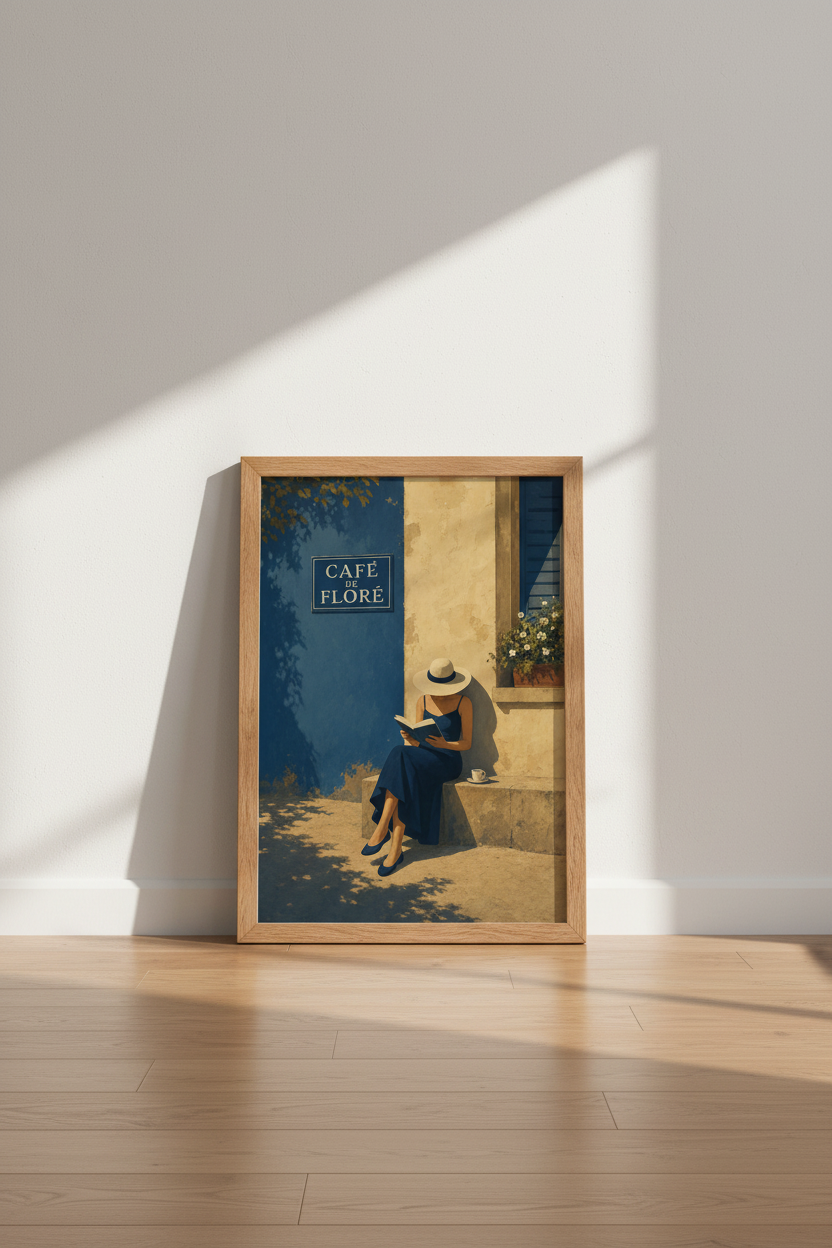 Paris Cafe de Flore Wall Art | Blue Mediterranean Decor | French Aesthetic Poster