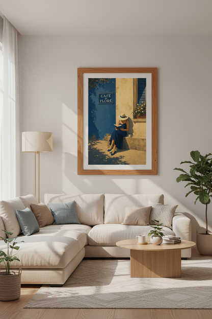 Paris Cafe de Flore Wall Art | Blue Mediterranean Decor | French Aesthetic Poster