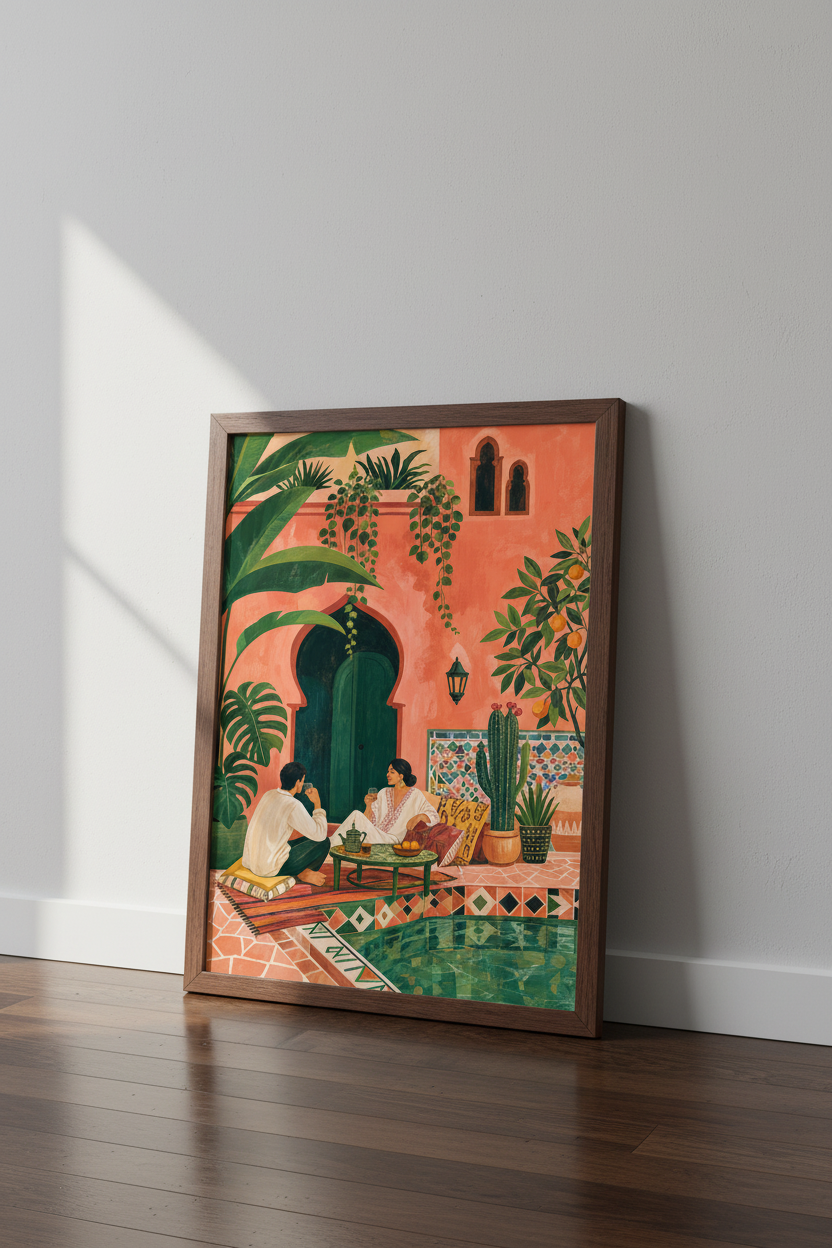 Moroccan Riad Couple Art | Terracotta Boho Decor, Mediterranean Poster