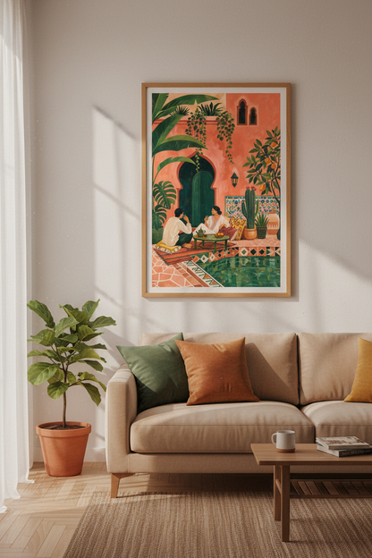Moroccan Riad Couple Art | Terracotta Boho Decor, Mediterranean Poster
