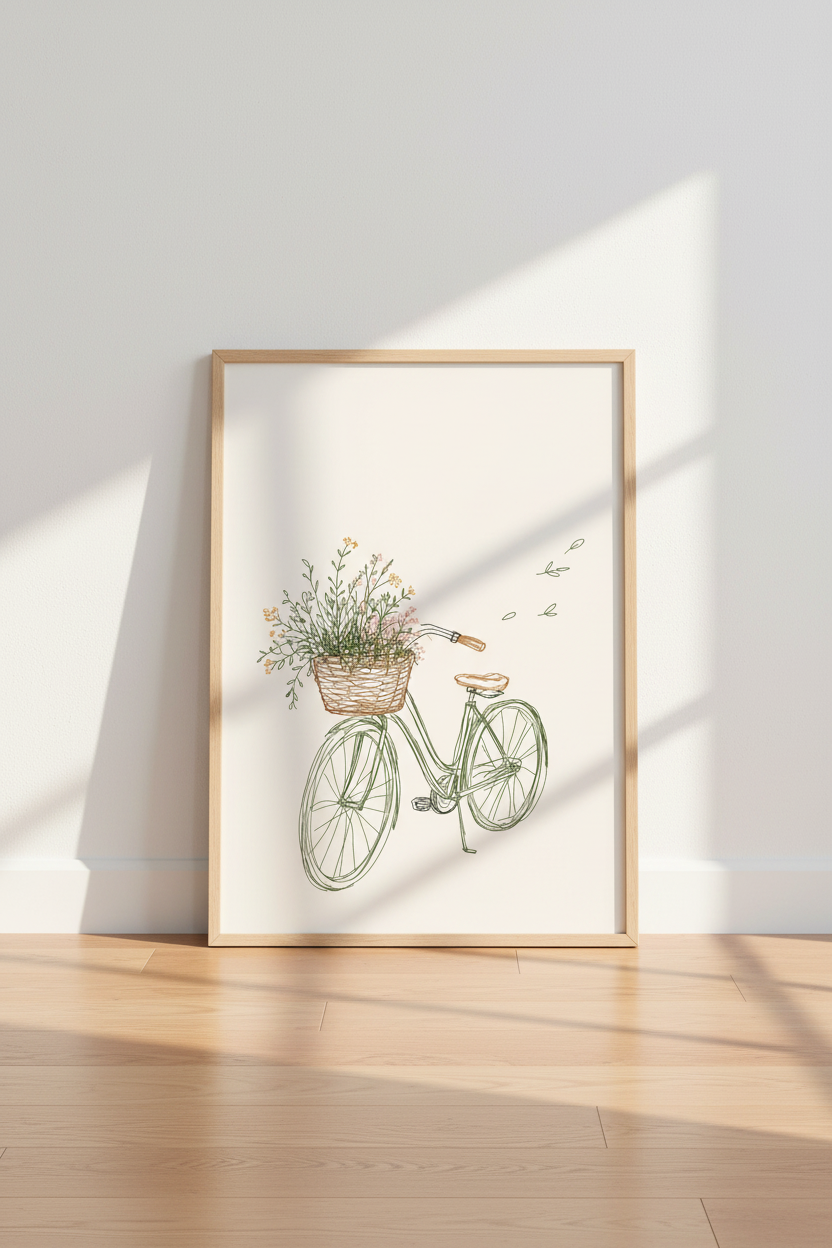 Vintage Bicycle Floral Print | Minimalist Line Art, Bedroom Cottagecore Poster