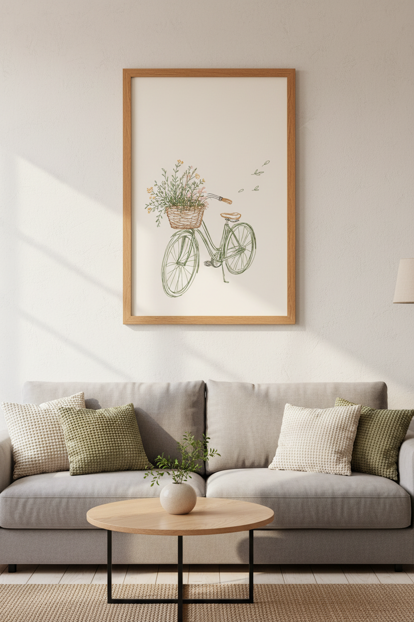 Vintage Bicycle Floral Print | Minimalist Line Art, Bedroom Cottagecore Poster
