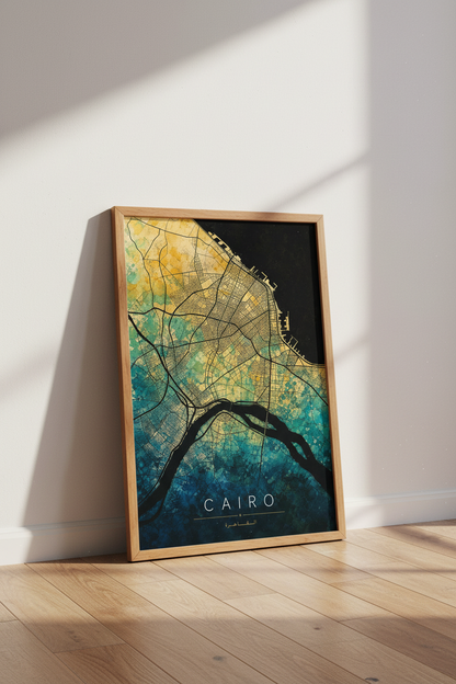 Cairo Egypt Map Wall Art | Teal and Gold Watercolor City Poster, Modern Home Decor