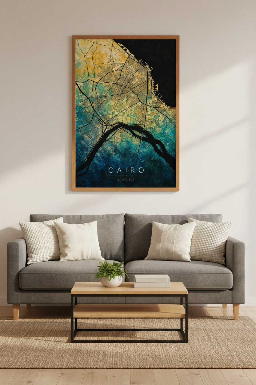 Cairo Egypt Map Wall Art | Teal and Gold Watercolor City Poster, Modern Home Decor
