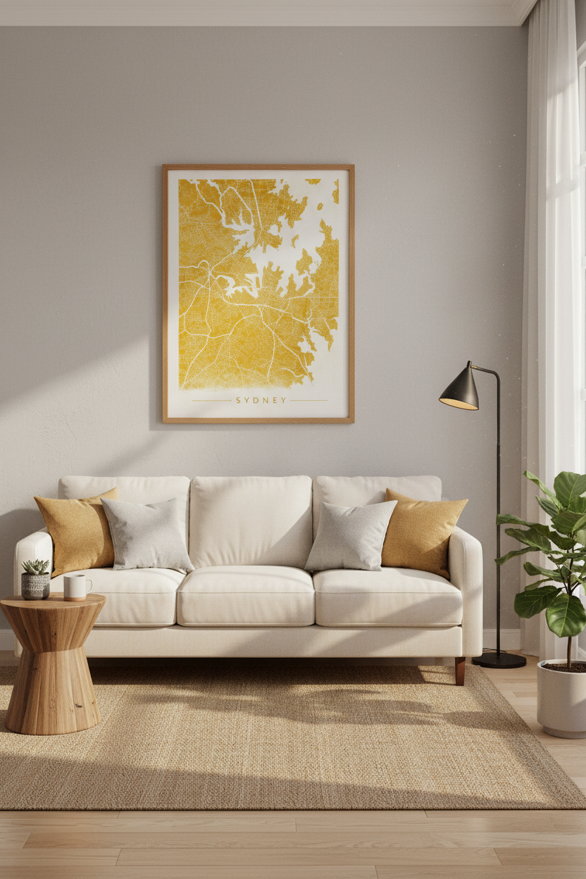 Sydney Map Wall Art | Mustard Gold City Street Map, Office &amp; Living Room Decor