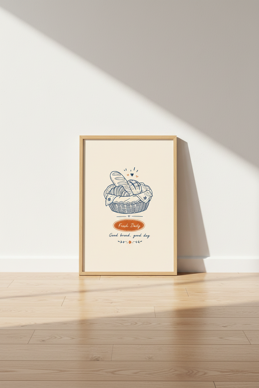Fresh Bread Basket Wall Art Print | Kitchen Bakery Decor | Minimalist Poster