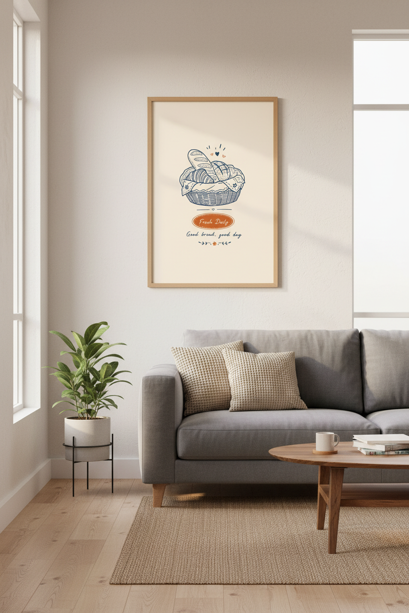 Fresh Bread Basket Wall Art Print | Kitchen Bakery Decor | Minimalist Poster