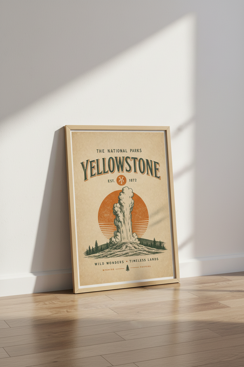 Yellowstone National Park | Vintage Retro Style Print, Cabin &amp; Lodge Wall Art