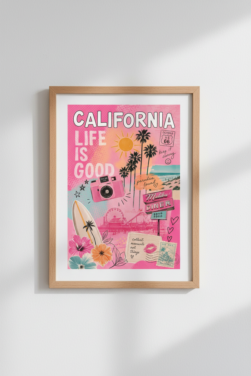 Pink California Wall Art | Preppy Retro Malibu Poster, Vibrant West Coast Dorm Decor
