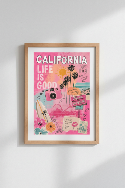 Pink California Wall Art | Preppy Retro Malibu Poster, Vibrant West Coast Dorm Decor