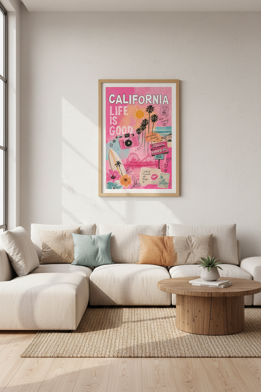 Pink California Wall Art | Preppy Retro Malibu Poster, Vibrant West Coast Dorm Decor