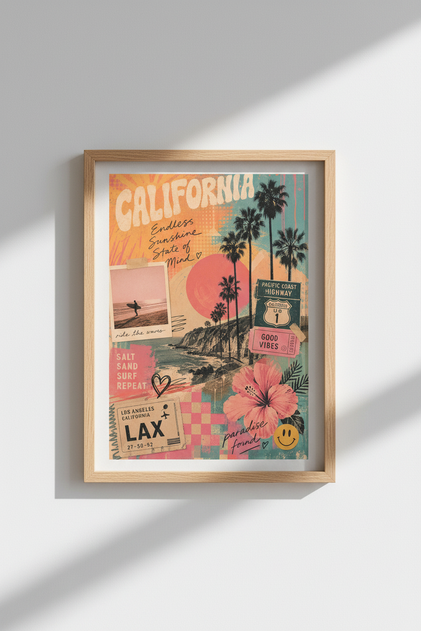 Retro California Poster | Vintage Coastal Collage, Beach House Wall Art Print