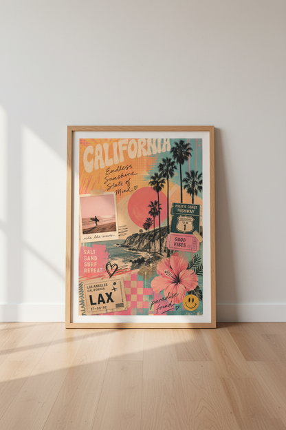 Retro California Poster | Vintage Coastal Collage, Beach House Wall Art Print