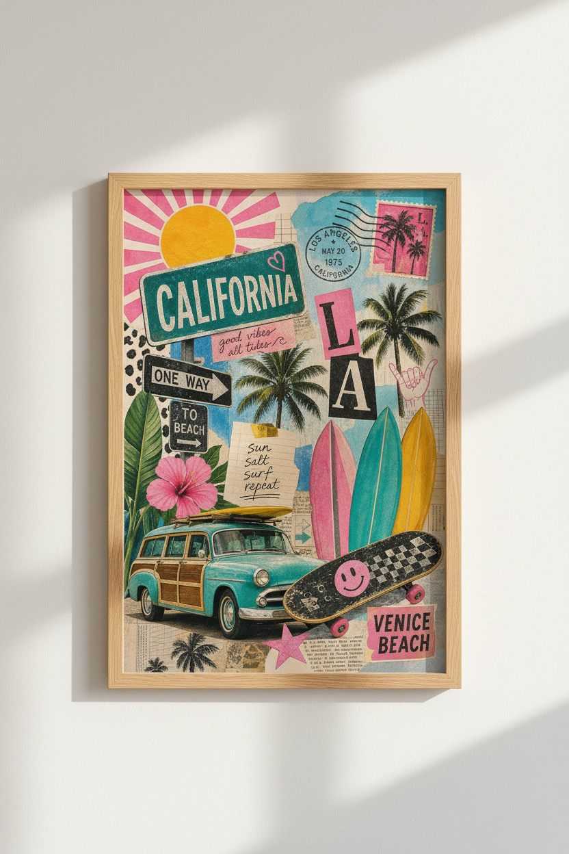 Retro California Poster | Surfboard Collage Art, Los Angeles Beach Decor