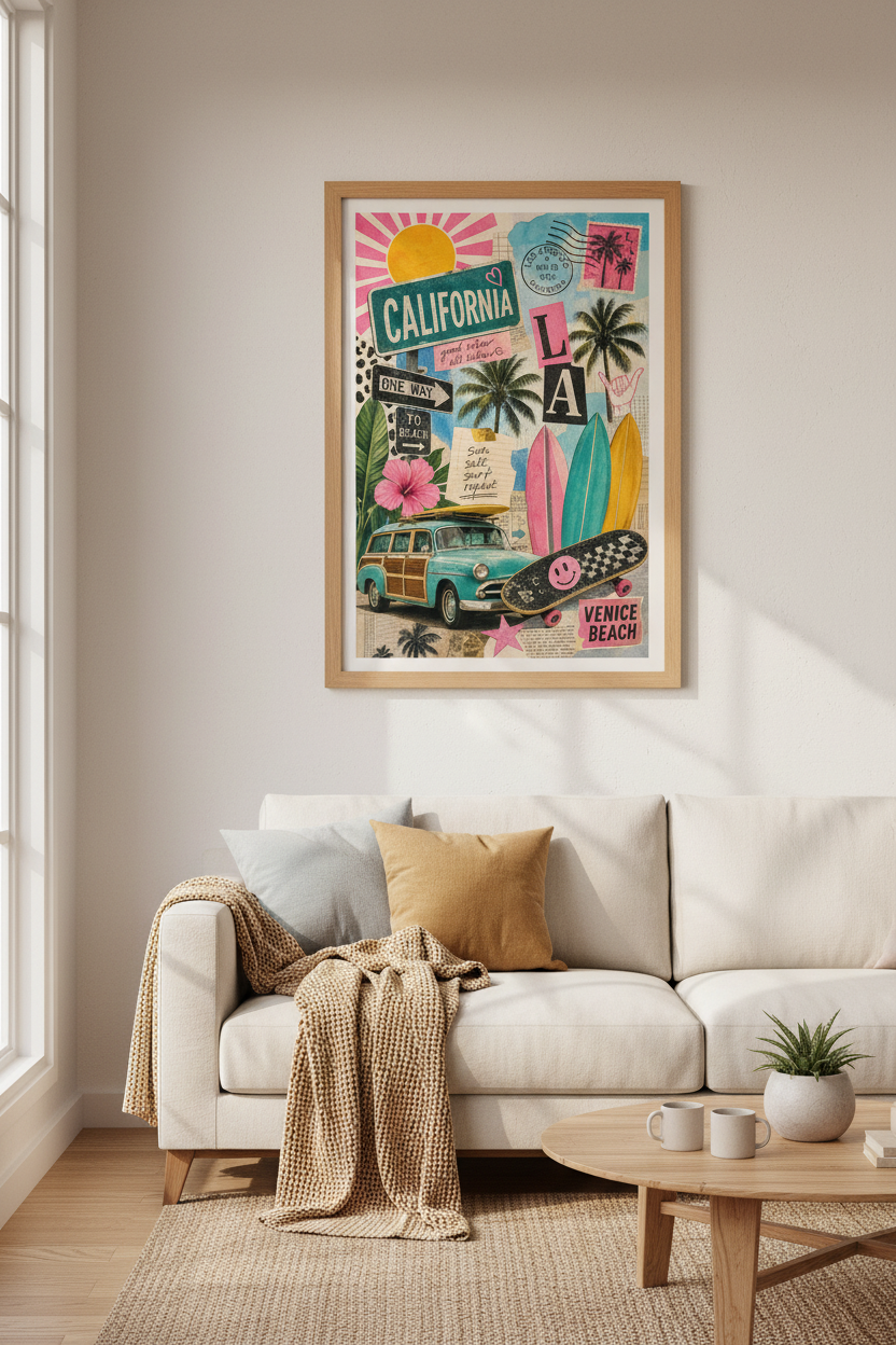 Retro California Poster | Surfboard Collage Art, Los Angeles Beach Decor