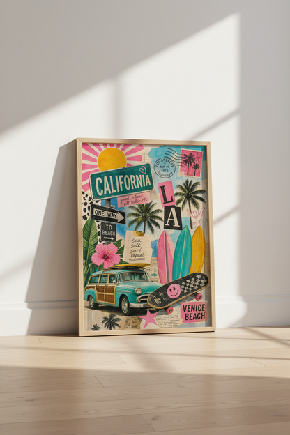 Retro California Poster | Surfboard Collage Art, Los Angeles Beach Decor