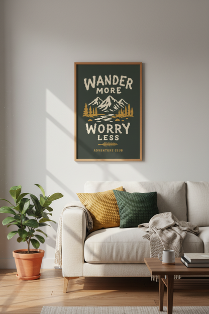 Wander More Worry Less Wall Art | Retro Mountain Nature Poster | Forest Green Cabin Decor