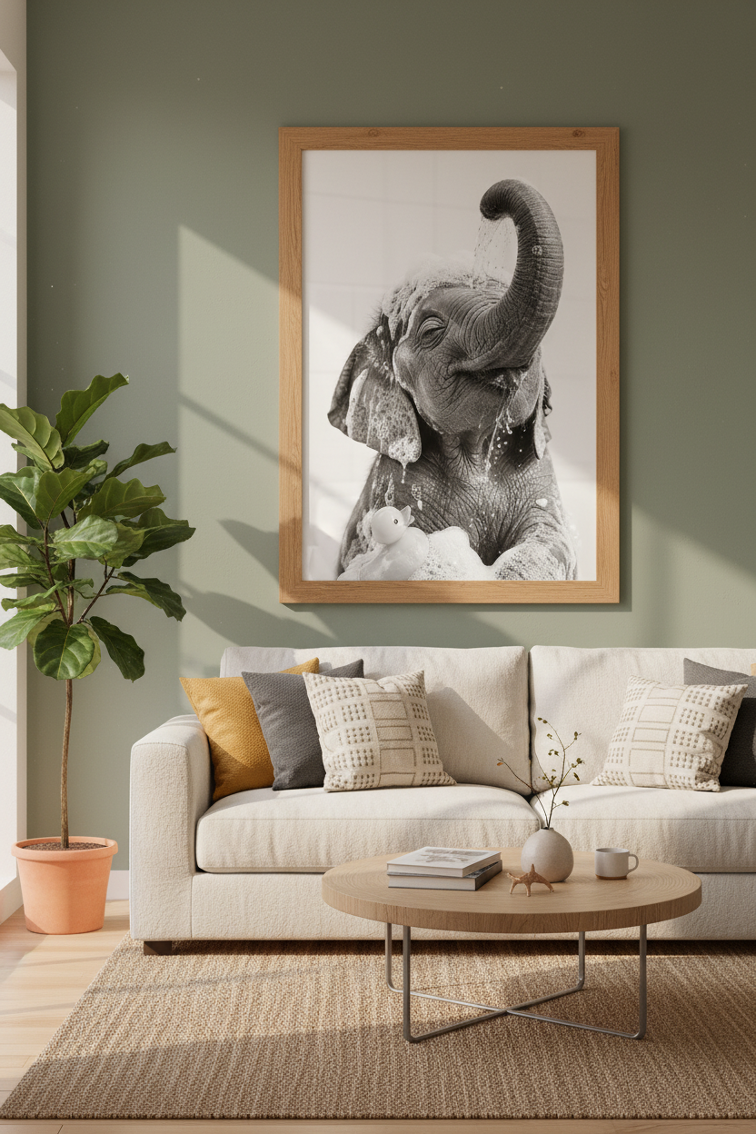 Baby Elephant Bath Wall Art | Black and White Nursery Decor | Whimsical Poster