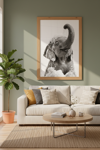 Baby Elephant Bath Wall Art | Black and White Nursery Decor | Whimsical Poster