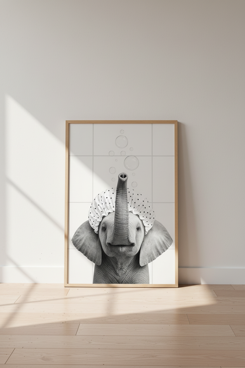Elephant in Shower Cap Wall Art | Funny Bathroom Decor | Black and White Poster