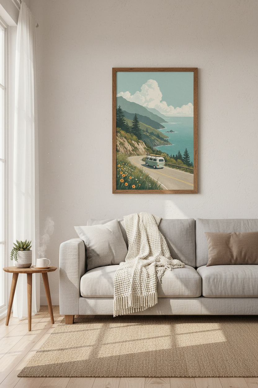 Retro Surf Van Coastal Landscape | Teal Ocean Wall Art, Vintage Travel Poster