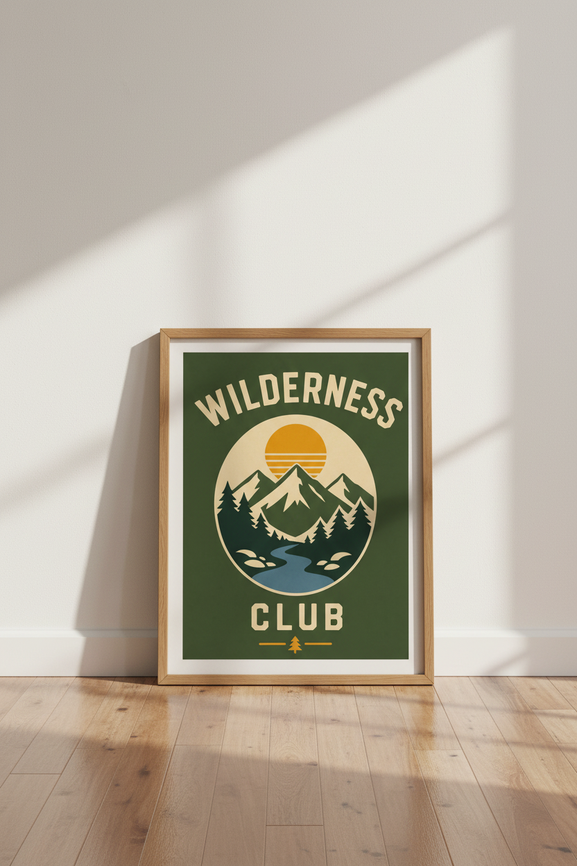 Wilderness Club Mountain Wall Art | Retro Nature Poster | Forest Green Cabin Decor