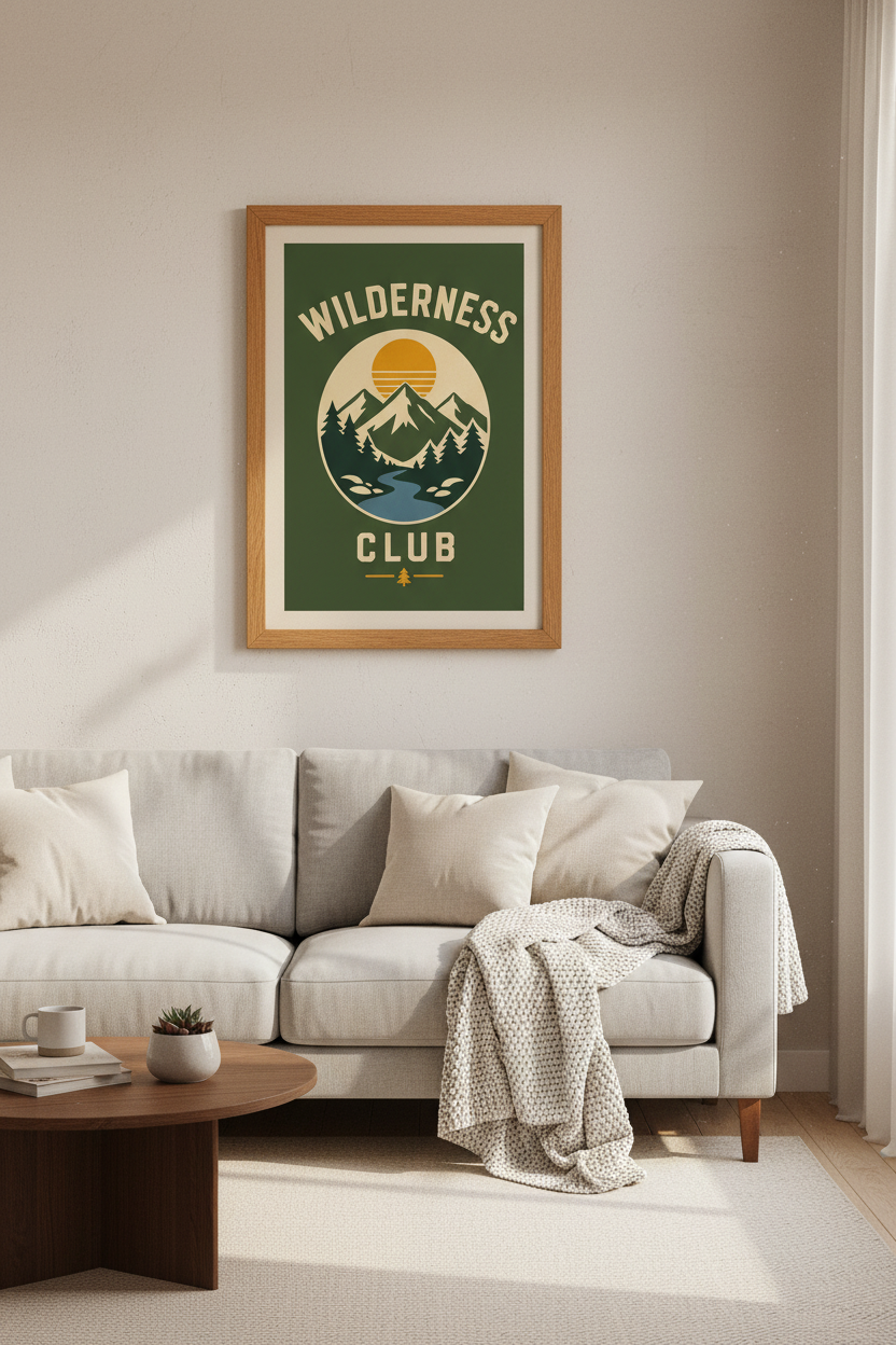 Wilderness Club Mountain Wall Art | Retro Nature Poster | Forest Green Cabin Decor