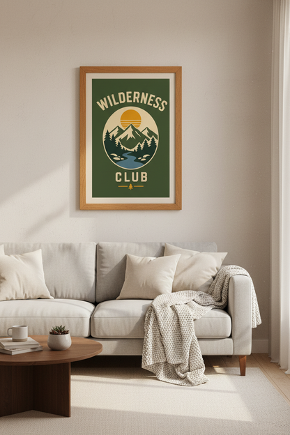 Wilderness Club Mountain Wall Art | Retro Nature Poster | Forest Green Cabin Decor