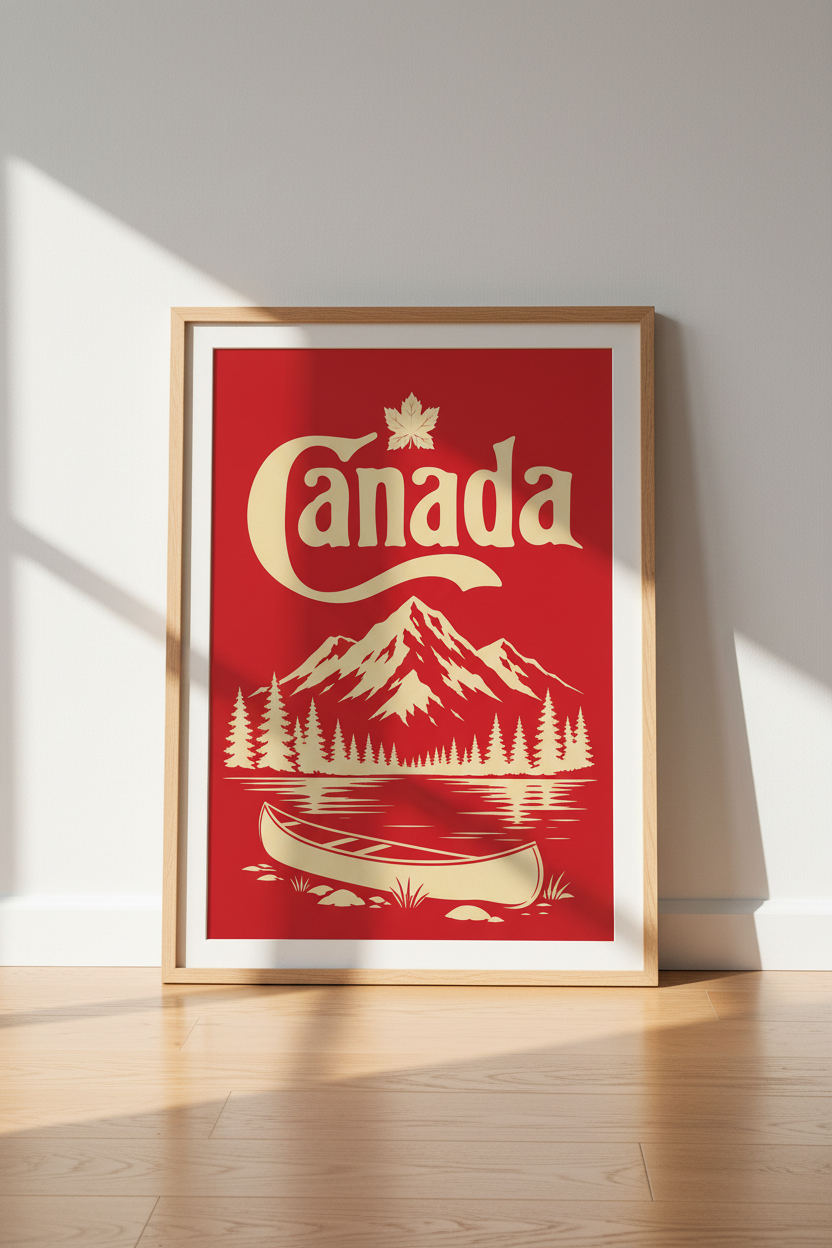 Canada Mountain Canoe Wall Art | Vintage Red &amp; Cream Poster, Cabin Decor