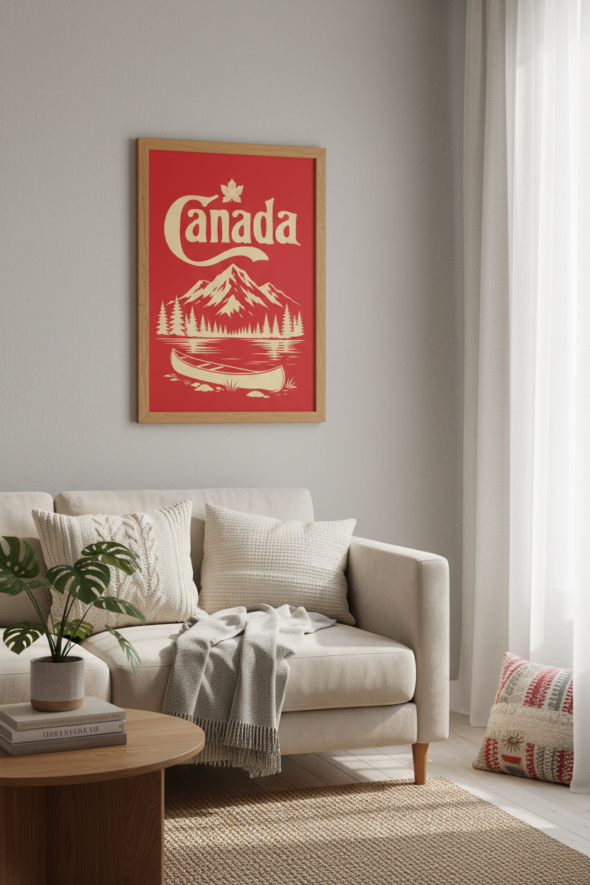 Canada Mountain Canoe Wall Art | Vintage Red &amp; Cream Poster, Cabin Decor