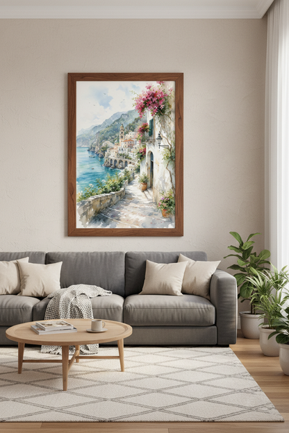 Amalfi Coast Watercolor | Italy Landscape Print, Mediterranean Coastal Decor