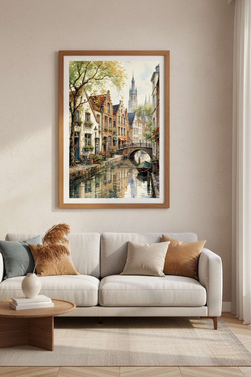 Bruges Canal Watercolor Art | European Cityscape Print, Living Room Decor