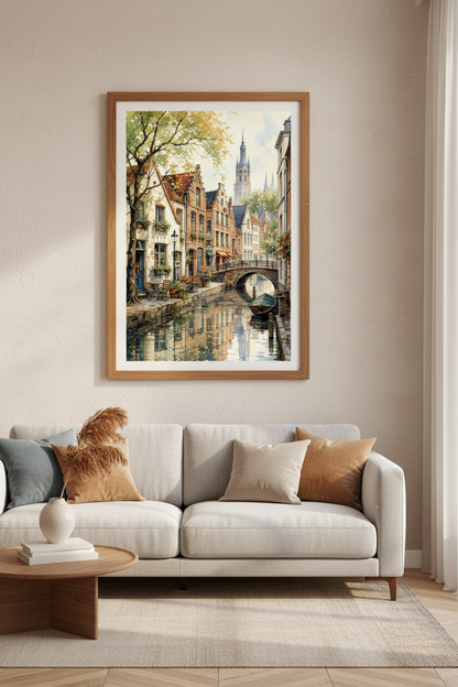 Bruges Canal Watercolor Art | European Cityscape Print, Living Room Decor