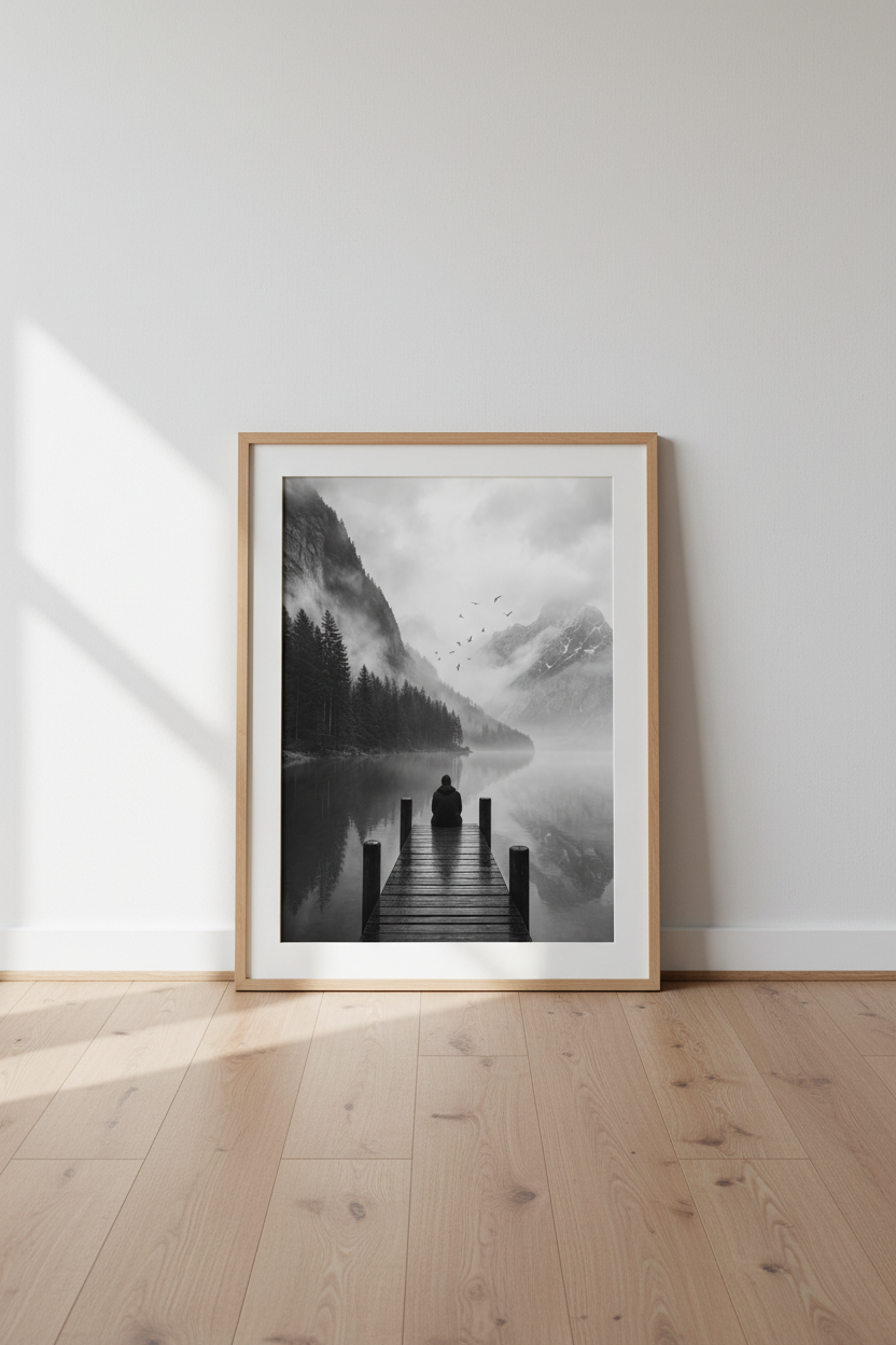 Moody Landscape Wall Art | Black and White Mountain Pier Print, Misty Lake Decor