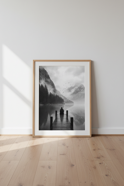 Moody Landscape Wall Art | Black and White Mountain Pier Print, Misty Lake Decor