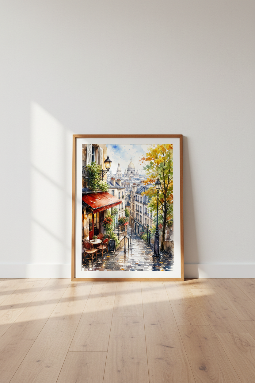 Paris Street Watercolor Art | Montmartre Sidewalk Cafe Print, French Travel Decor